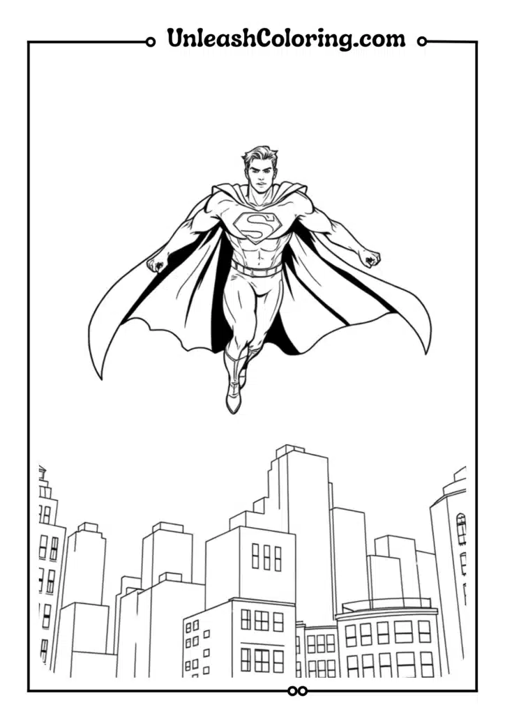 A superhero flying above buildings