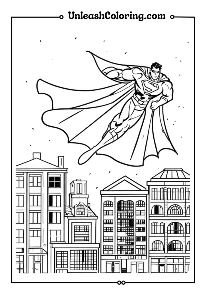 A superhero flying with a long cape trailing behind
