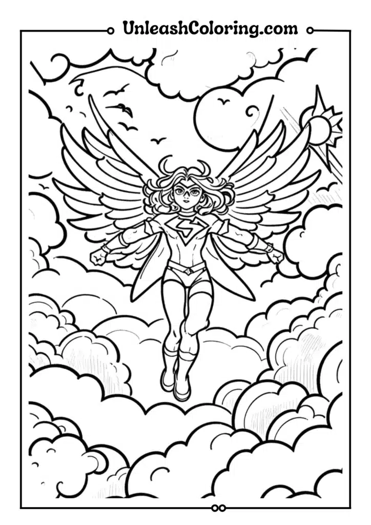 A superhero girl flying with large feathered