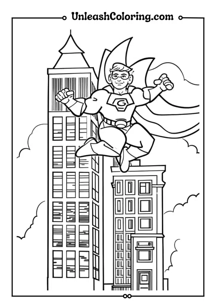 A superhero jumping from a tall building