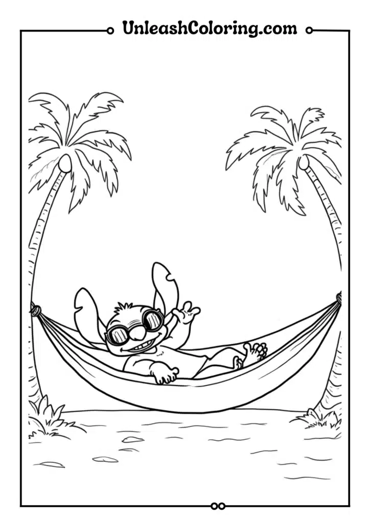 Stitch lounging in a hammock