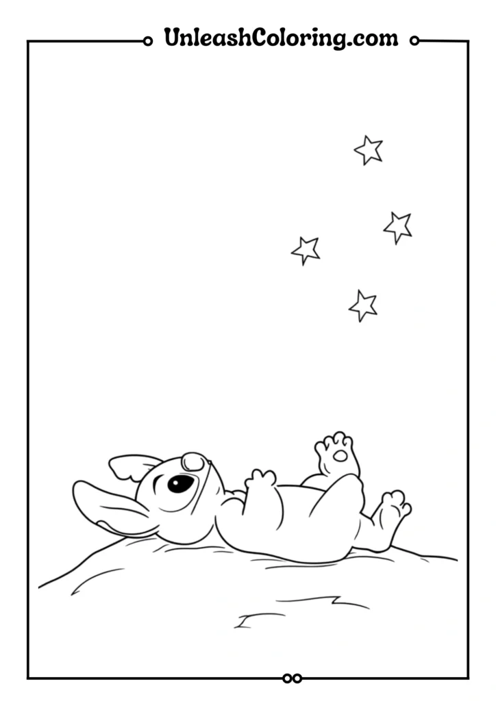 Stitch lying on his back on a hill