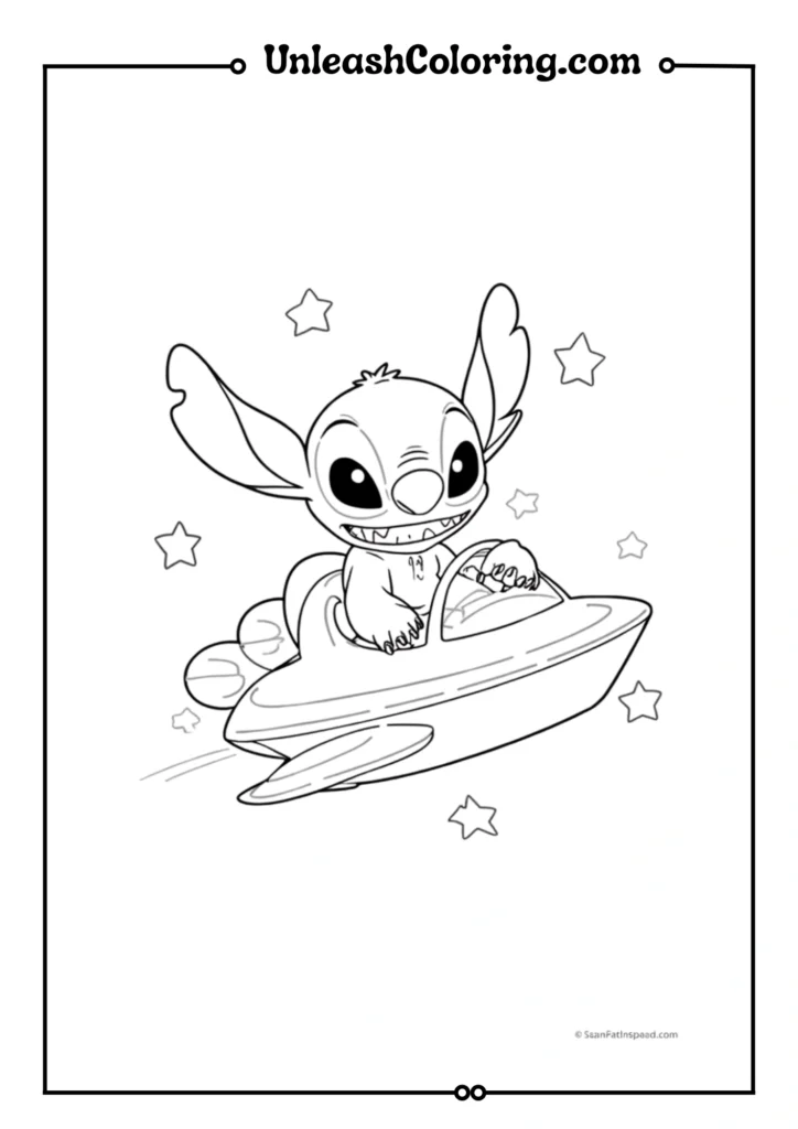 Stitch piloting a small spaceship