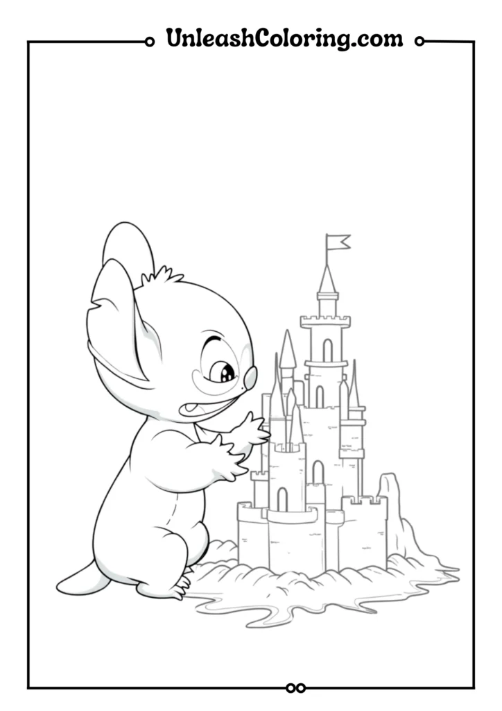 Stitch putting final touches on an elaborate sandcastle