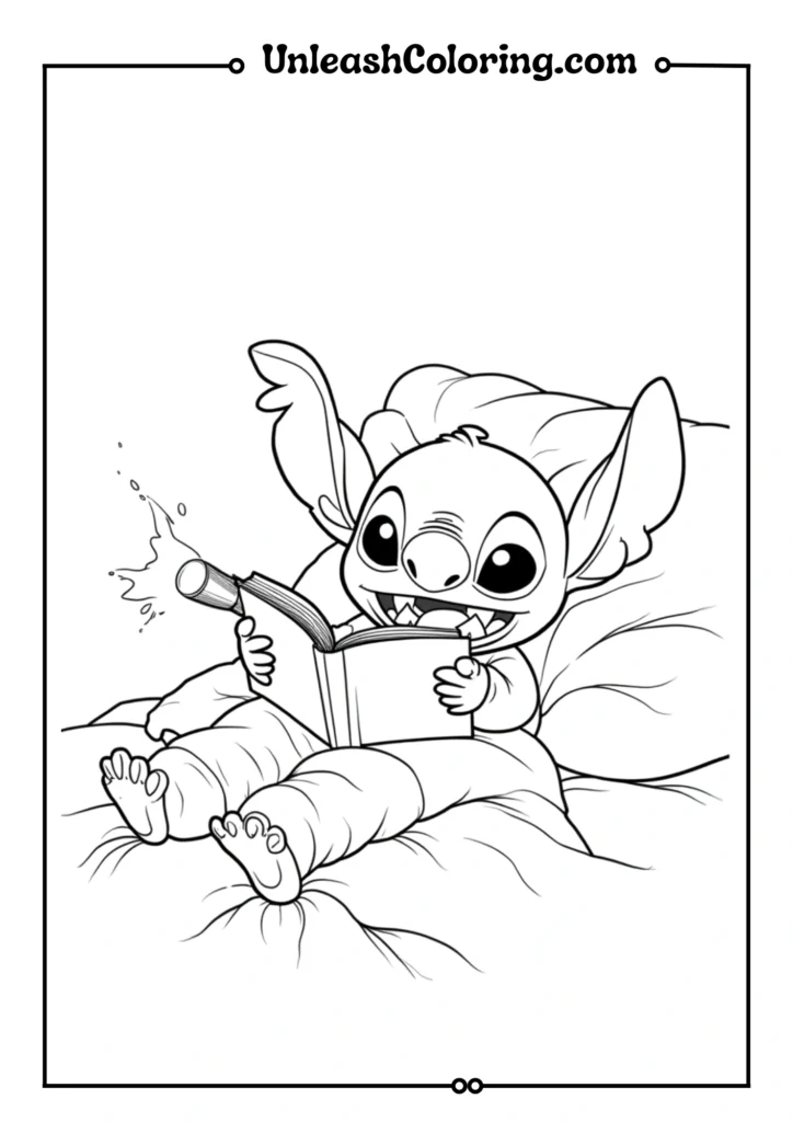 Stitch reading _The Ugly Duckling_ book
