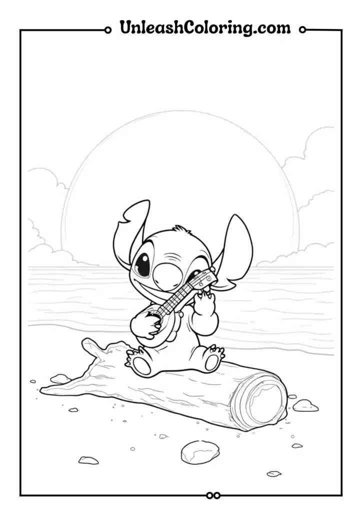 Stitch sitting on a beach