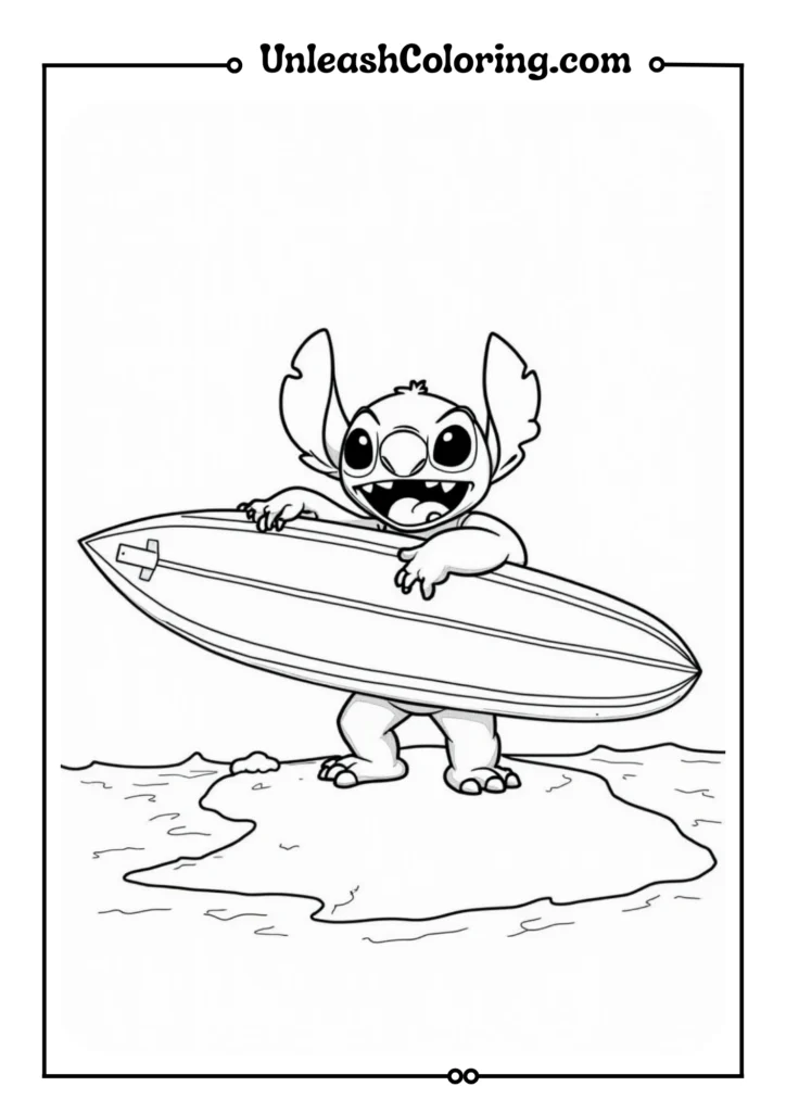 Stitch standing on a beach holding a surfboard