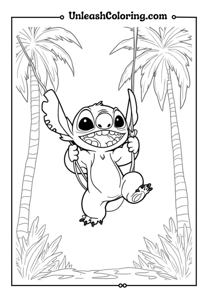 Stitch swinging from palm trees