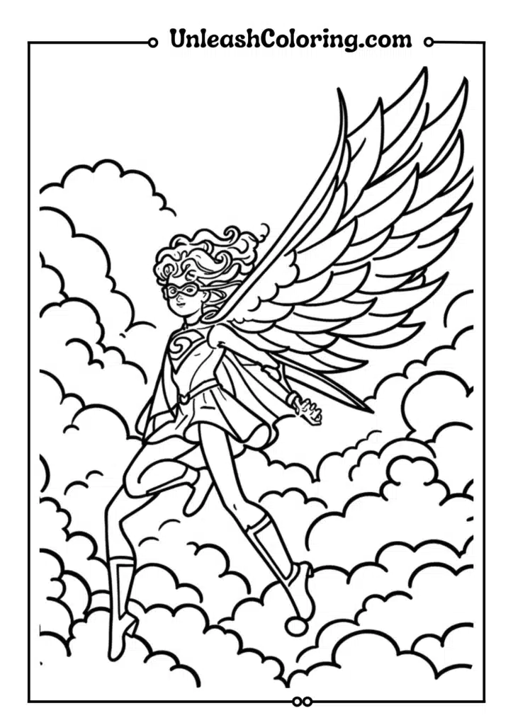 superhero girlwith feathered wings through clouds