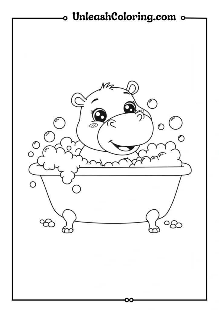 A baby hippo in a bathtub with bubbles