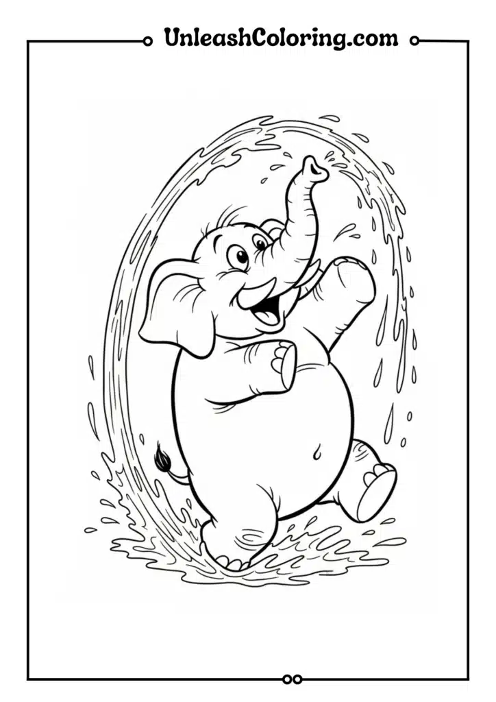 A chubby cartoon elephant splashing water