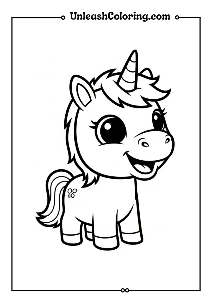 A smiling baby unicorn with big eyes