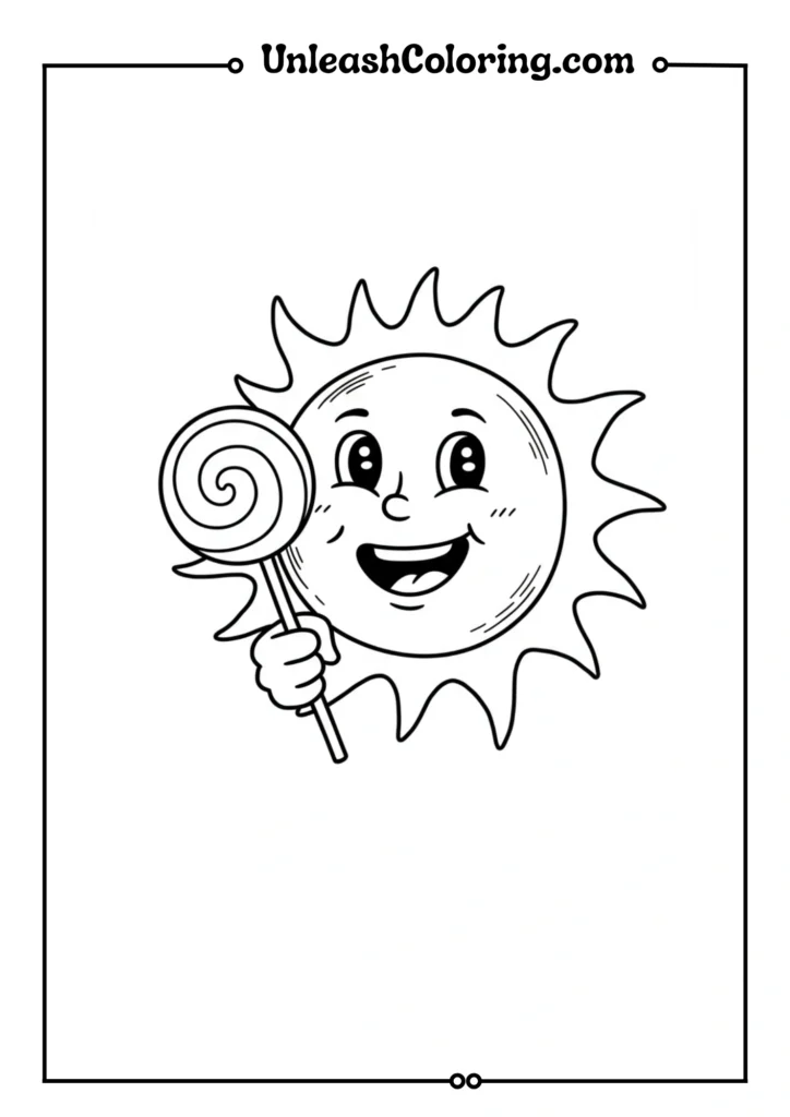 A smiling sun holding a lollipop