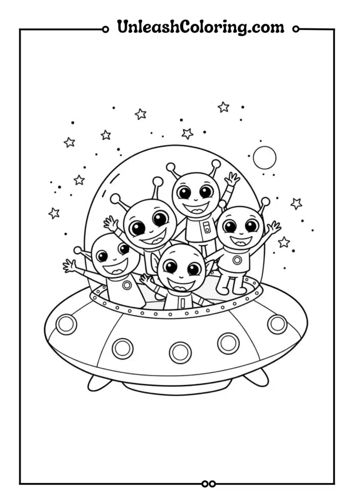 A spaceship with friendly aliens waving