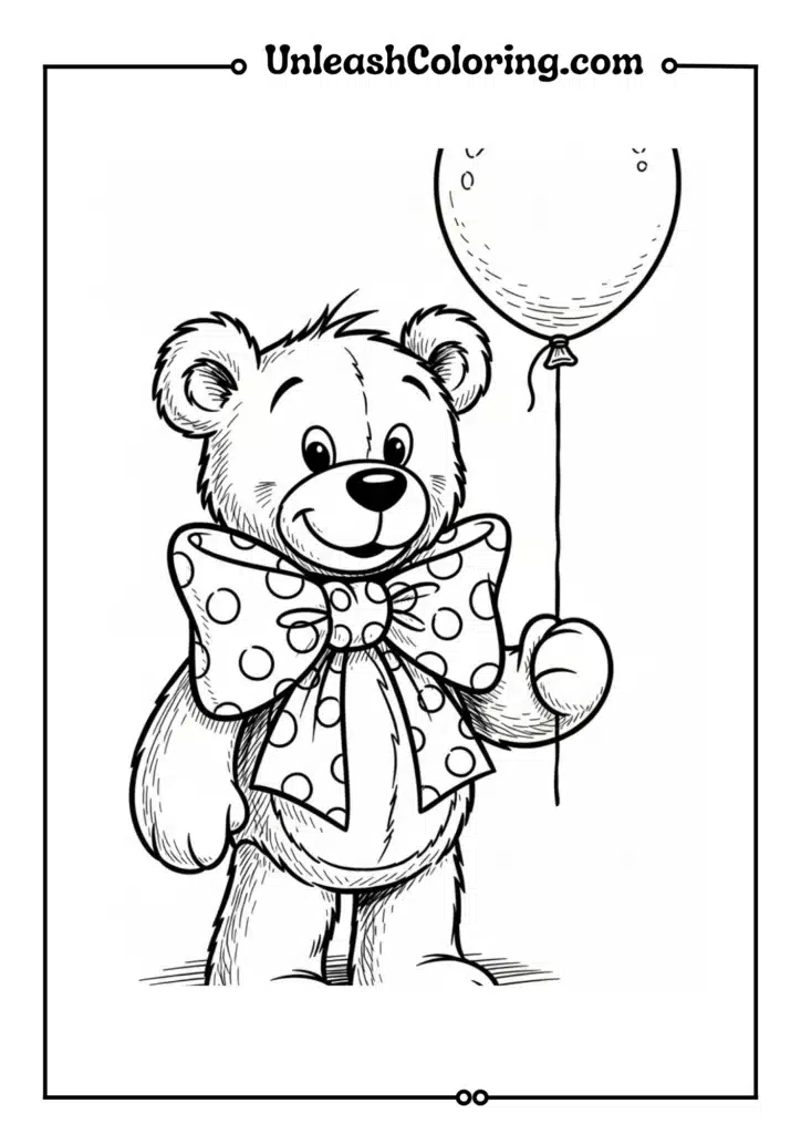 A teddy bear with a big bowtie holding a balloon
