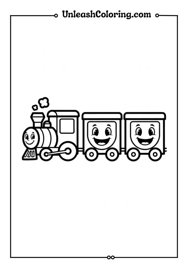 A toy train with smiling faces